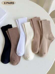 1/6 Pairs Solid Color Casual Sport Crew Socks, For Women, Autumn/Winter