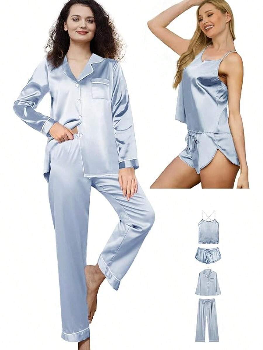 4Pcs Womens Silk Pajama Sets Satin Pajamas Set Sexy Cami Lingerie Pjs Nightwear Silky Pj Loungewear Sleepwearhalloween - Azure - 查看 1