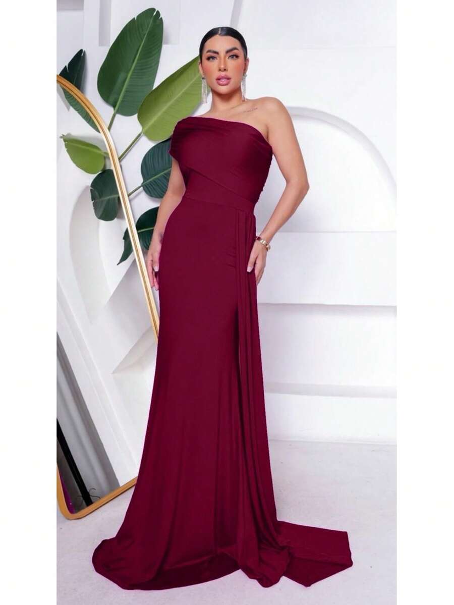 Long Women's Party And Event Dress, Elegant, Bridesmaids And Guests, Fluidity Knit With Lined Cups, One Shoulder, One-Sided, Zero Sleeves - 紅木色 - 查看 1