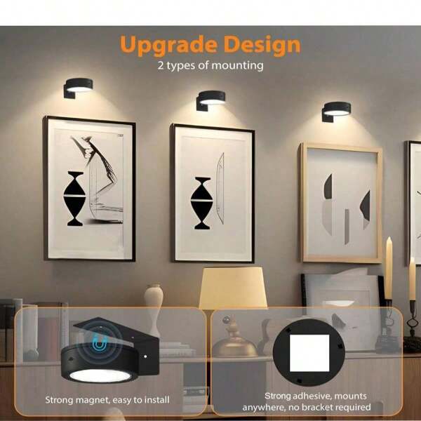 3-Battery Powered Picture Light With Magnetic Painting Light, 3 Lighting Modes, Designed For Wireless Remote And Timed Art Display In Portrait Frames, Adjustable Black Wall Light (Batteries Not Included)