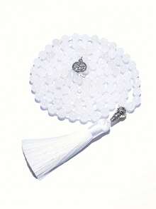 108 珠 8 毫米白玉念珠项链 - 波西米亚复古男女通用冥想祈祷珠宝，带结，适合日常佩戴、瑜伽和精神珠宝 - 白色 - 查看 7