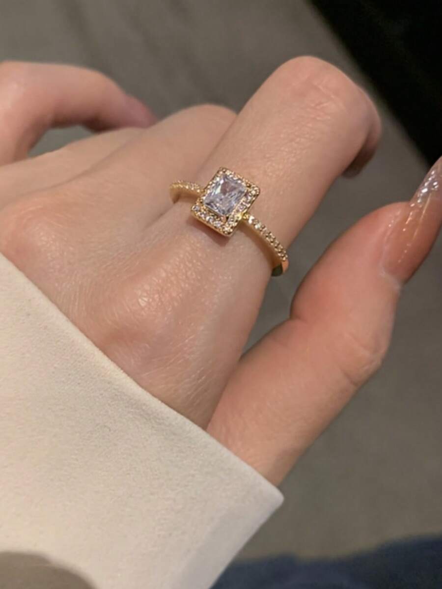 1pc Fashionable Delicate Luxury Unique Design Zirconia Square Open Ring, Minimalist Style For Women - Gold - View 1