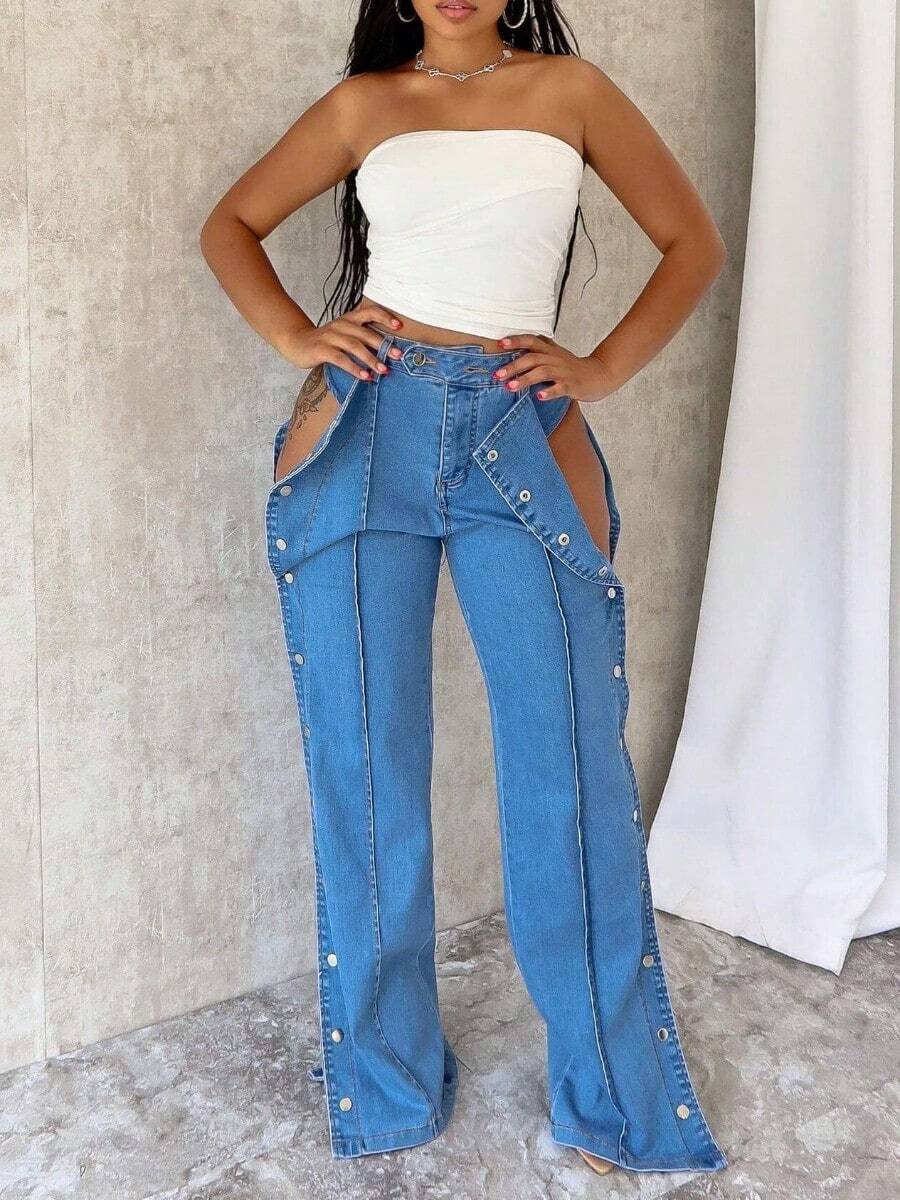 HERTALK Women's Sexy Hollow Button Design Spring And Autumn Straight Denim Trousers - màu xanh da trời - Xem 1
