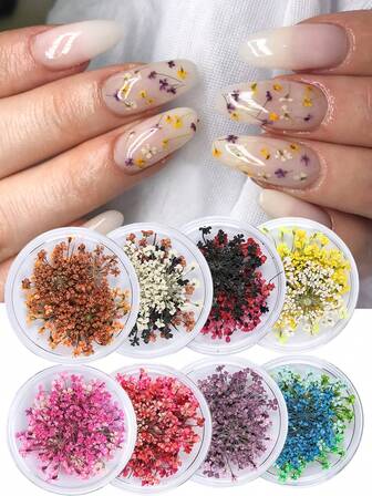 1/8 piezas Decoraciones de arte de uñas con pétalos de flores, flores artificiales de Gypsophila de color rosa, azul, amarillo, blanco, rosa, marrón, accesorios de manicura de Y2K, encantos oscuros para uñas, suministros de uñas, gemas de uñas para verano, otoño e invierno