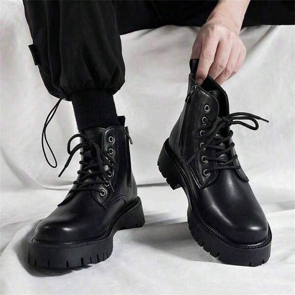 Botas de tobillo de estilo británico retro para hombres con cremallera, botas altas, color negro