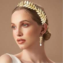 5件套希腊女神服饰配饰套装，包括1个金叶皇冠头饰、2个螺旋臂环、2个垂坠耳环，适合新娘婚礼、托加长袍、万圣节及其他场合。 - 金色 - 查看 4
