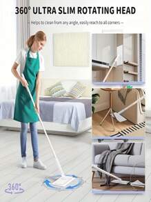 1 Quick Spin Mini Mop With 360° Rotating Head And Portable Push Handle, Easy-Twist Polyester Mop For Glass And Wall Cleaning High-Quality Stainless Steel Flat Mop With Automatic Cloth Clip - 36 Inch Removable Handle, 360° Slim Head, Suitable For Easy Cleaning Of Kitchen, Living Room, Bedroom, Bathroom Floors, Walls, Glass.