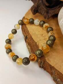 YAUKIA 1pc 8mm Pyrite & Citrine Stretch Bracelet Natural Yellow Crystal Handmade Beaded Bracelet For Women & Men Attracting Money, Prosperity And Success Bracelet Unisex Jewelry