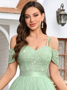 MIUSOL 亮片花卉蕾丝心形领口露肩网纱荷叶边层叠下摆晚宴长裙，优雅派对礼服，适合女士度假、婚礼宾客、毕业典礼、晚宴、情人节等场合。 - 薄荷綠 - 查看 8