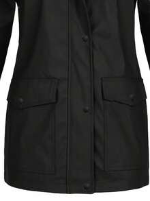 Jacket With Striped Lining And Zipper, Casual Long-Sleeved Hooded Jacket With Drawstring For Autumn And Winter, Women's Clothing, Women's Outdoor Windproof Hooded Jacket With Striped Lining, Button And Adjustable Drawstring Closure For Autumn/Winter, Windbreaker Jacket, Durable Outdoor Clothing - 黑色 - 查看 5