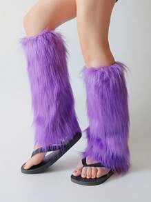 1 Pair Women's Retro Y2K Style Faux Fur Leg Warmers, Warm Furry Boot Cuffs, Suitable For Winter, Purple And Yellow Plush Covers With Retro Luxury Design, Perfect For Easter Or Special Occasions