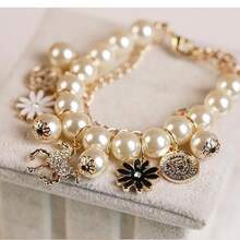 1pc Rhinestone Studded Horse Pendant Pearl & Daisy Flower Beaded Multi-Layer Bracelet Valentine's Day Accessories - Gold - View 5