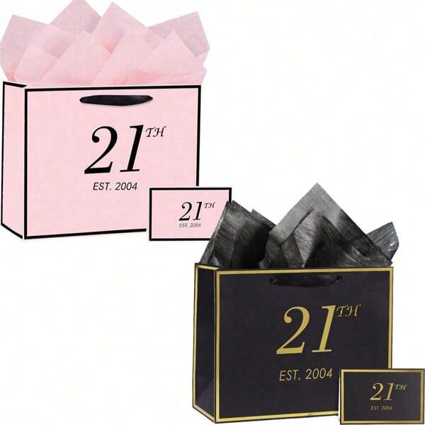 1 Set/2 Sets/5 Sets, schwarze und rosa 21. Geburtstags-Geschenktüte mit Karte und Seidenpapier für Männer Frauen, 2004 30/40/50 Jahre alte elegante schwarze goldene Jubiläums-Erinnerungsparty-Geschenkpapier-Einkaufstüten für Geschenkverpackung