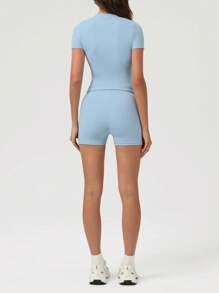 Sodalemon 2 buc/Set femei Fitness Gât turnut Culoare uni Tricou antrenament și pantaloni scurți cu șnur Yoga Casual Ciclism Alergare Costum sport