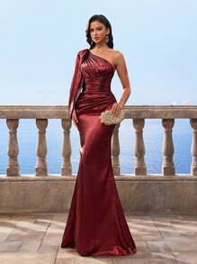 Vestito da cerimonia rosso vino per donna, con spalla scoperta, vita arricciata, modesto, avvolgente, adatto per madre della sposa per occasioni serali