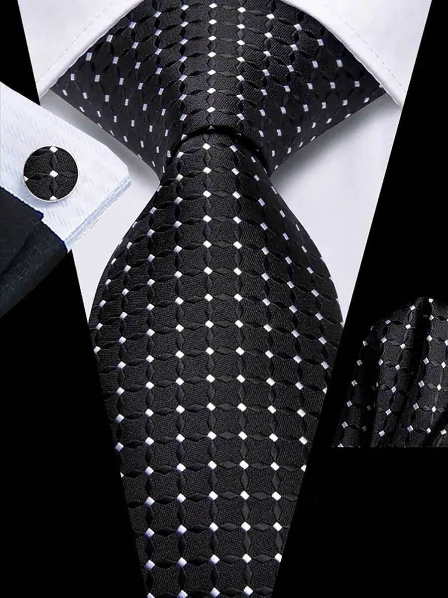 Men Tie Sets Classic Fashion Necktie Set With Cufflink For Business Party - Black and White - View 1