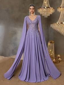 Faeriesty Haute Glamour Gorgeous Elegant Chiffon Gown With Crystal Beading V-Neckline & Dramatic A-Line Skirt | Luxury Evening Dress For Black Tie Events And Weddings - Màu tím - Xem 4