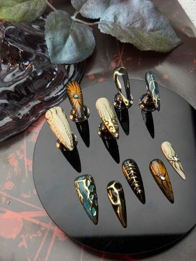 10pcs Slim High-Heeled Korean Style Gold 3D Decorative Chrome Brown Green Y2K Full Coverage Fake Nail Set To Express Your Love, European Style Punk Cool Girl Brown Cat Eyes, Bohemian Princess Style Decorative Music Festival Nordic Full Coverage Patch Nail Set, Suitable For Boys And Girls, Comes With 1 Mini Nail File And 1 Double-Sided Adhesive Label.