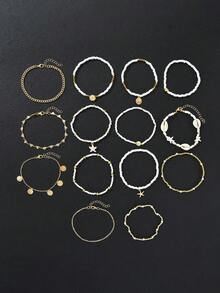 14pcs Simple Bohemian Starfish & Faux Shell Anklets Set, Women's Summer Beach Holiday Date Gift, Casual Daily Party Wear - phong cách 1 - Xem 7