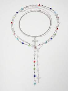 4pcs Fashionable Colorful Chain Necklace Set, Y-Shaped & Cross Pendant Long Necklaces, Suitable For Travel, Dating, Party - Multicolor - View 3