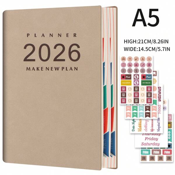 Calendrier de planification grand format A5 2026 : Haute qualité en PU (janvier-décembre), agendas quotidiens, hebdomadaires et mensuels, papier 100g, liste de tâches de 365 jours, sélection de planificateurs, cadeau parfait !, fournitures scolaires, rentrée scolaire