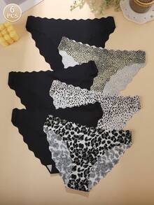 6 件套 - 女士豹纹无缝内裤，波浪边，优雅黑色时尚内衣 - 彩色 - 查看 1