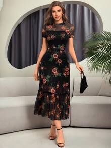 Women's Gothic Elegant Black Base Colorful Floral Print Mesh Round Neck Short Sleeve Waist Cinched Wave Hem Long Dress - Multicolor - View 1