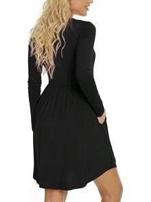 Womens Long Sleeve Dresses Casual Loose Fit Swing Dress Hide Belly With Pockets - 黑色 - 查看 2