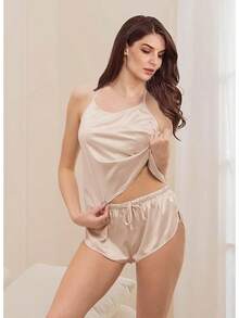 4Pcs Womens Silk Pajama Sets Satin Pajamas Set Sexy Cami Lingerie Pjs Nightwear Silky Pj Loungewear Sleepwearhalloween - 淡香檳色 - 查看 2
