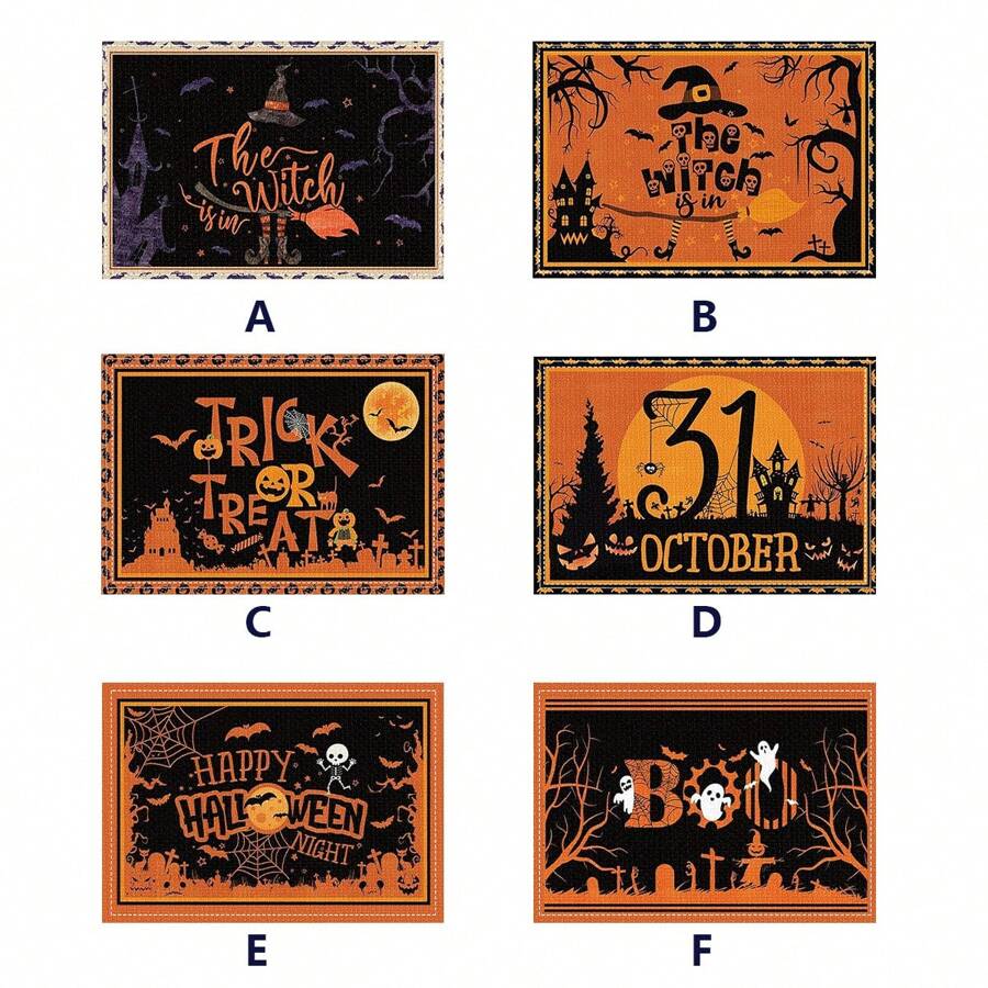 1 pieza/4 piezas Manteles individuales de lino de Halloween, manteles individuales para el desayuno o la cena, accesorios de cocina, fáciles de limpiar, aptos para fiestas de Halloween, mesa de comedor, hogar, restaurante, decoración de restaurante, con diseños de calabaza, bruja y fantasma