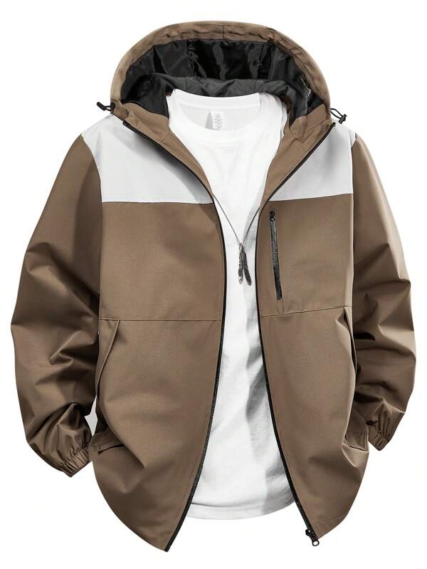 Hooded Zip-Up Cardigan Jacket For Men, Colorblock Design, Suitable For Outdoor Activities, Hiking, And Casual Wear Throughout The Year
