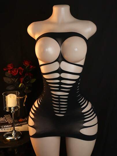 1 Pezzo di lingerie sexy, completo in rete nera sexy senza spalline - elegante body in rete monoblocco da donna, in tessuto di poliammide, a maglia, ideale per adulti, lingerie per adulti | Body lingerie senza spalline | Tessuto in poliammide