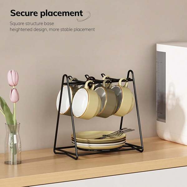 Soporte para tazas de té, estante de metal negro para tazas de café y té, organizador para tazas de café, cucharas y platillos, ideal para temporada de graduación y regreso a clases