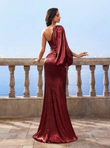 Vestito da cerimonia rosso vino per donna, con spalla scoperta, vita arricciata, modesto, avvolgente, adatto per madre della sposa per occasioni serali