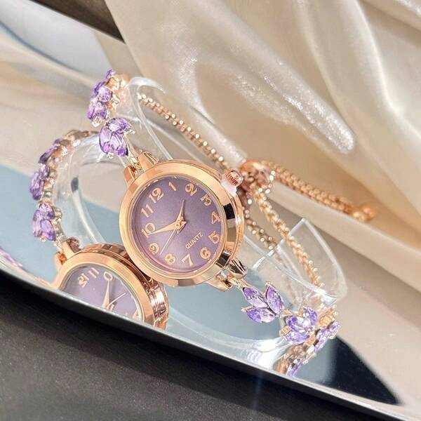 1pc Women's Round Metal Case Arabic Numeral Scale Classic Dial Leaf Shape Rhinestone Fashion Strap Elegant Quartz Watch
