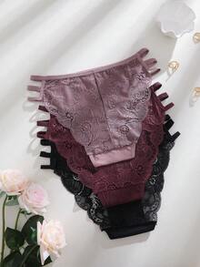 3pcs/Set Solid Color Lace Patchwork Hollow Out Spaghetti Strap Sexy & Romantic Ladies Underwear - Multicolor - View 2
