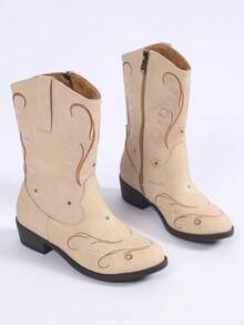 1 Pair Classic Girls Boots, Fashion Comfortable Non-Slip Durable Western Embroidered Versatile Riding Boots, Elegant Casual Boots, Retro Lightweight Boots, Suitable For Daily Wear - Beige - View 6