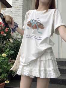 字母与羊角面包印花休闲圆领T恤 - 白色 - 查看 6