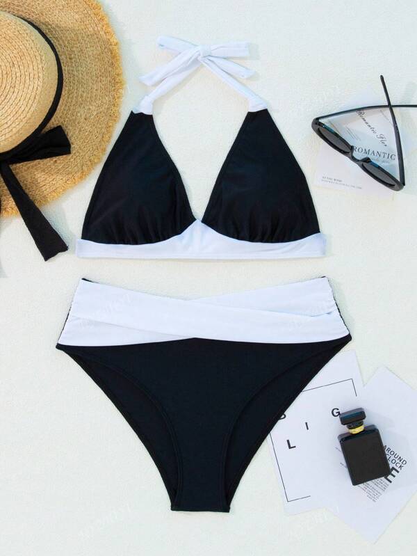 Contrast Color Splicing Backless Tie-Up One-Piece Swimsuit, For Beach, Travel, Sports & Fitness, All Season