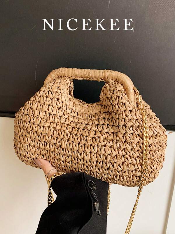 New Versatile Casual Straw Bag, Daily Simple Texture, Niche Design, Large Capacity, Highly Attractive Crossbody Bag, Chain Women's Shoulder Bag, Fashionable Hand-Held Seaside Holiday Beach Bag, Suitable For Going Out Shopping, Seaside Vacation