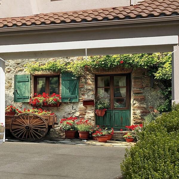 Country-Style Stone Wall Banner, Featuring Red Flowers And Green Plants, Designed Specifically For Garage Doors. This Exotic Wildlife Patterned Banner Is Made Of Polyester Fabric, Suitable For Jungle-Themed Events And Outdoor Gatherings.