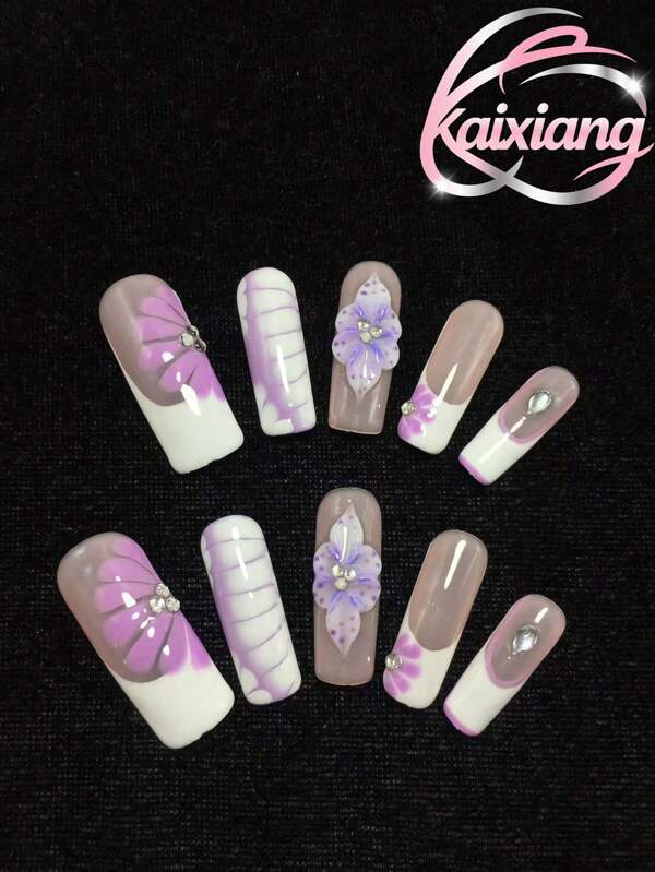 10-Piece Set, 3.3cm Pure Hand Made Square Press On Nails. White French Style With Purple White Ombre, Small Rhinestones And 3D Stereoscopic Carvings. Elegant, Versatile, Stylish And Reusable.