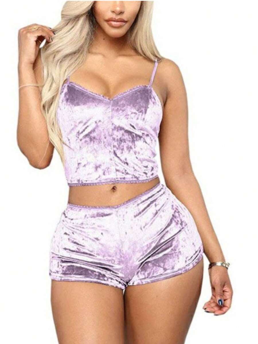 Womens Sexy Velvet Camisole Shorts Set Cute Bow Spaghetti Strap Solid Color Sleeveless Slim Sling Crop Top PJ Set With Shorts Lingerie Set Sleepwear Nightwear - 淺紫色 - 查看 1