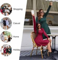 Womens Long Sleeve Dresses Casual Loose Fit Swing Dress Hide Belly With Pockets - 黑色 - 查看 4