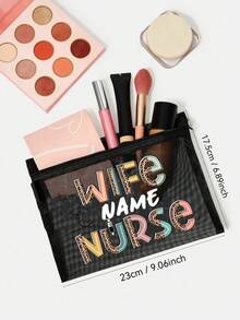 Personalized Large Capacity Mesh Makeup Bag With Zipper Pouch, Pencil Case, Travel Bag, Transparent Square Cosmetic Bag For Women, Custom Name Gift - Multicolor - View 3