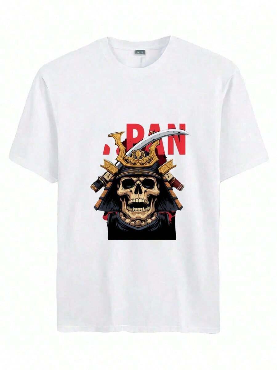 Camiseta de manga corta casual de verano para hombre - Calavera con casco de samurái sosteniendo dos espadas katana, impresa contra un fondo oscuro con la palabra Japón en rojo brillante. Camiseta de algodón puro natural y transpirable. - Blanco - Ver 1
