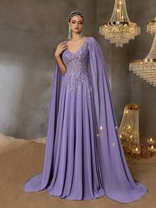 Faeriesty Haute Glamour Gorgeous Elegant Chiffon Gown With Crystal Beading V-Neckline & Dramatic A-Line Skirt | Luxury Evening Dress For Black Tie Events And Weddings - Màu tím - Xem 9