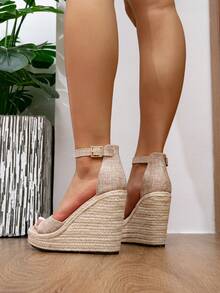 女士露趾麻绳厚底防水坡跟罗马凉鞋，带扣带，适合春假，波西米亚风，性感高跟拖鞋