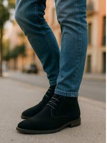 Men's Black Suede Chukka Boots Lace-Up Ankle Shoes Casual Breathable Smart Formal Dress Sneakers For Work & Wedding - 黑色 - 查看 2