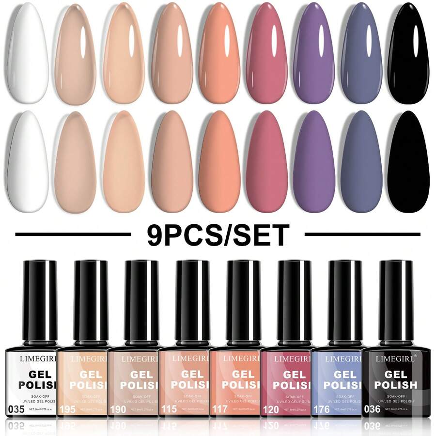 LIMEGIRL 9色凝胶指甲油套装 - 9色可卸凝胶美甲套装，粉色、白色、紫色、黑色，指甲油套装，美甲套装，女士礼物，节日凝胶美甲套装，女士DIY家用美甲沙龙套装 - 彩色 - 查看 1